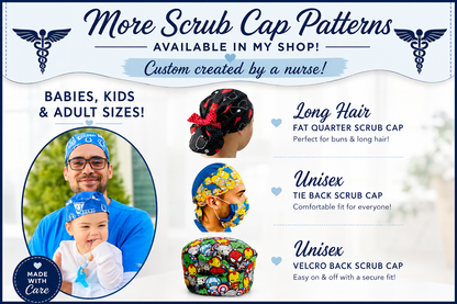 Collection of printable PDF scrub cap sewing patterns by Aloha Sewing Company, including tie back, long hair, fat quarter, Velcro back, and baby, kids, and adult scrub cap patterns designed by a nurse.