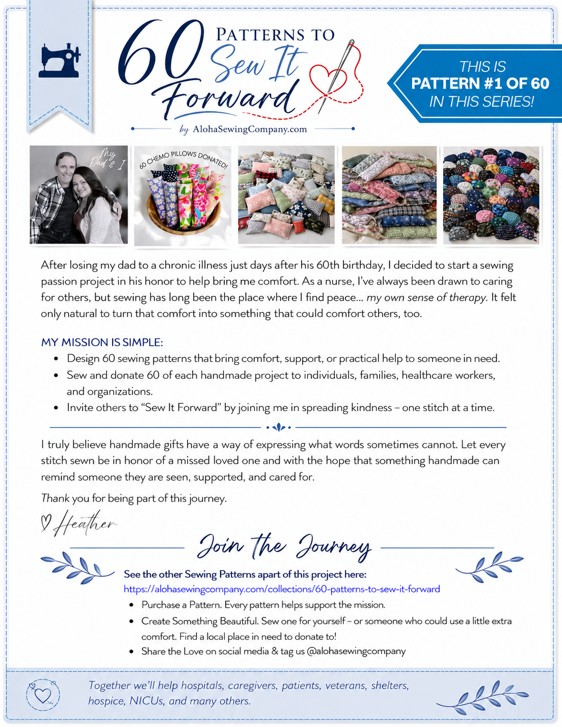 Aloha Sewing Company’s 60 Patterns to Sew It Forward project encouraging handmade gifts and charitable sewing donations.