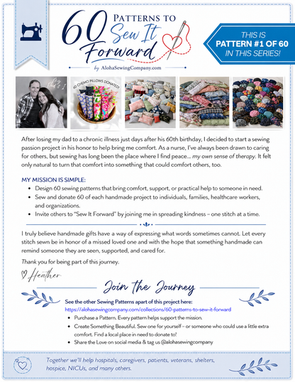 Aloha Sewing Company’s 60 Patterns to Sew It Forward project encouraging handmade gifts and charitable sewing donations.