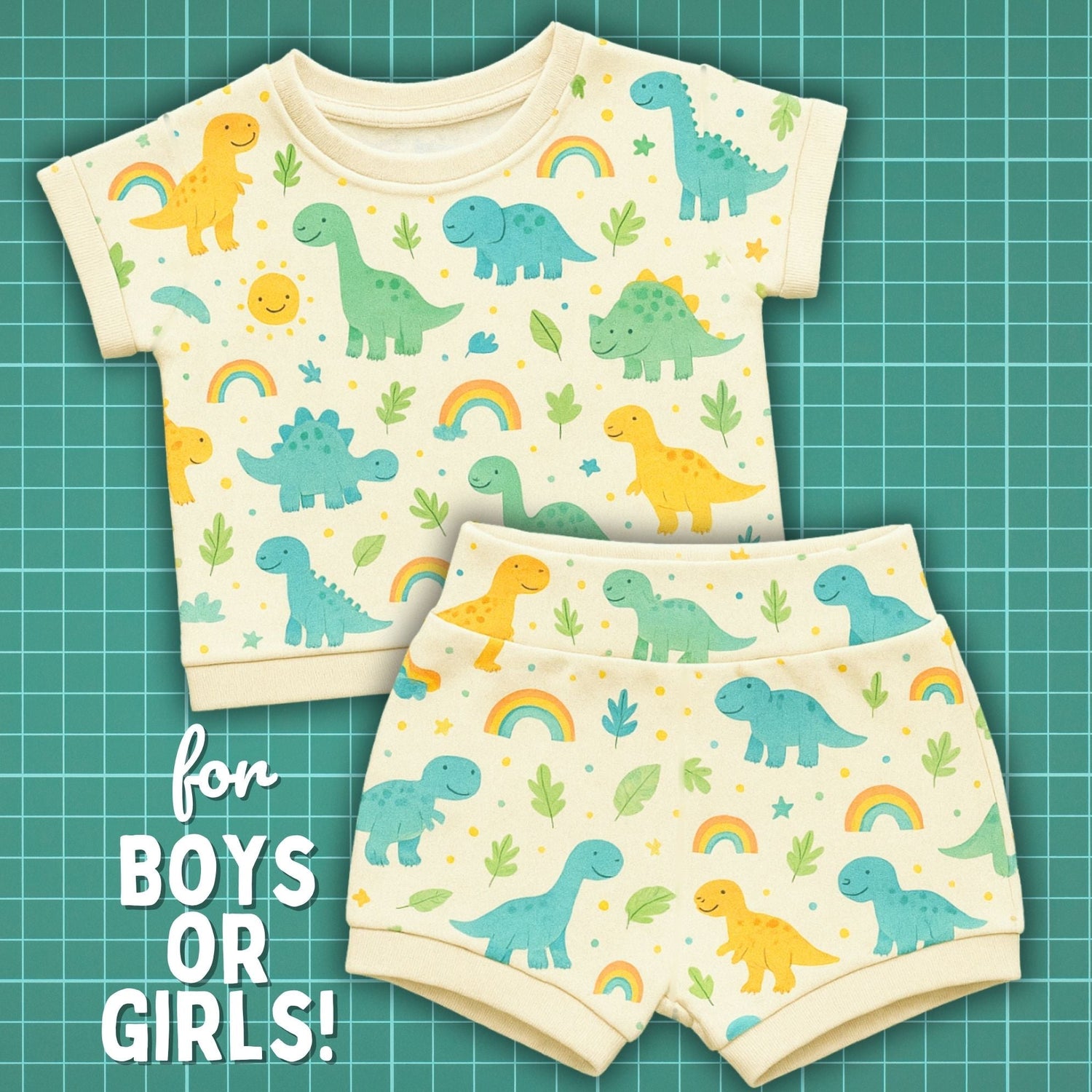 a handmade kids summer lounge set with floral print, featuring matching t-shirt and shorts sewn from a beginner-friendly PDF sewing pattern – perfect for boys or girls. Aloha Sewing Company