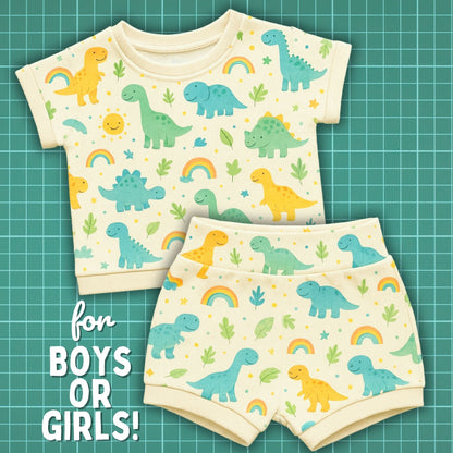 a handmade kids summer lounge set with floral print, featuring matching t-shirt and shorts sewn from a beginner-friendly PDF sewing pattern – perfect for boys or girls. Aloha Sewing Company