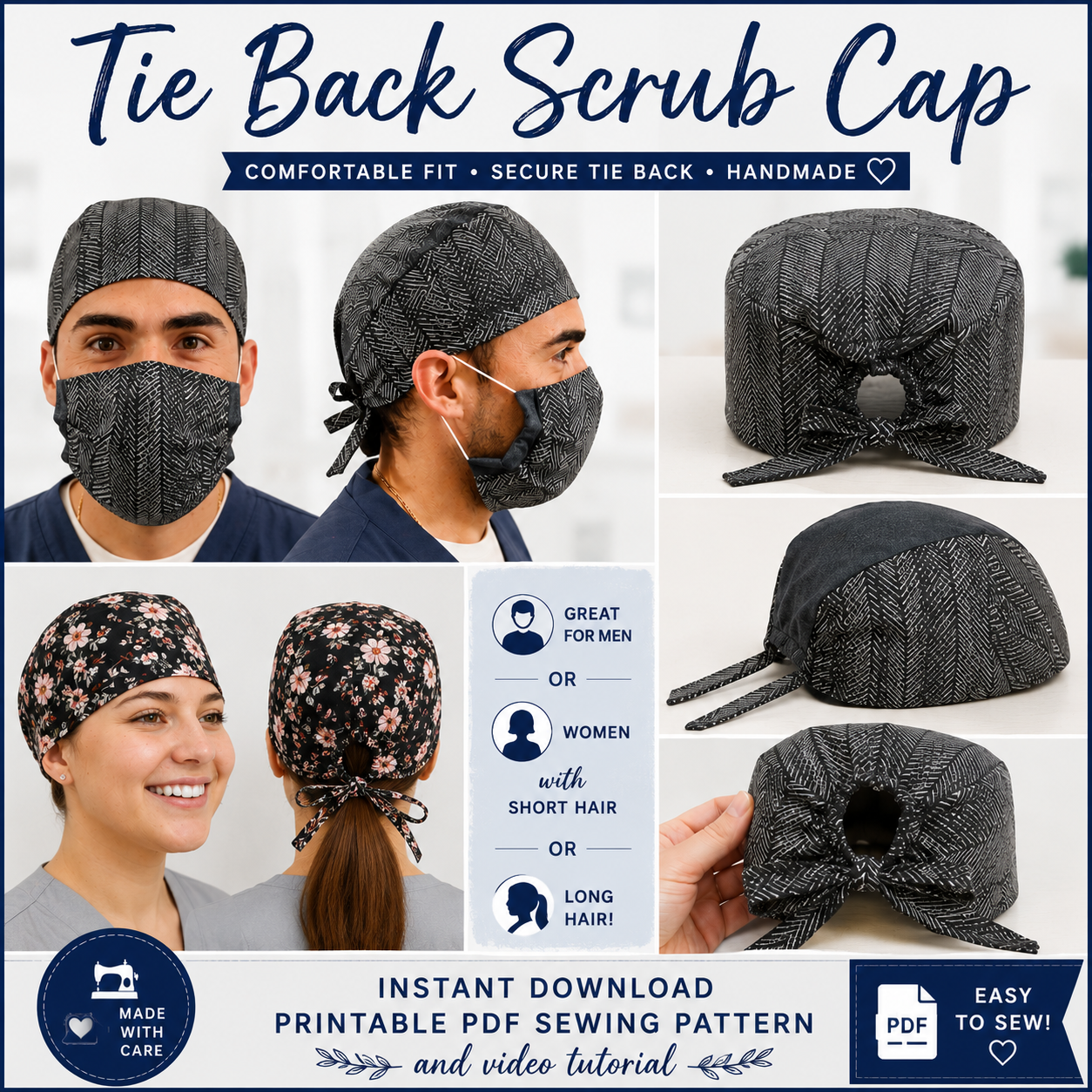 Printable PDF sewing pattern for a tie back scrub cap with multiple views, suitable for men and women with short or long hair. Includes step-by-step video tutorial by Aloha Sewing Company