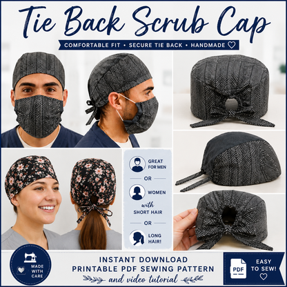 Printable PDF sewing pattern for a tie back scrub cap with multiple views, suitable for men and women with short or long hair. Includes step-by-step video tutorial by Aloha Sewing Company