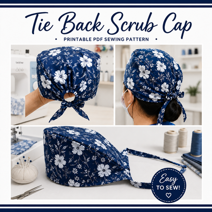 Printable PDF tie back scrub cap sewing pattern with video tutorial featuring multiple fabric styles and fit options for healthcare workers, nurses, doctors, surgical staff, and medical students.