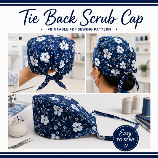 Printable PDF tie back scrub cap sewing pattern with video tutorial featuring multiple fabric styles and fit options for healthcare workers, nurses, doctors, surgical staff, and medical students.