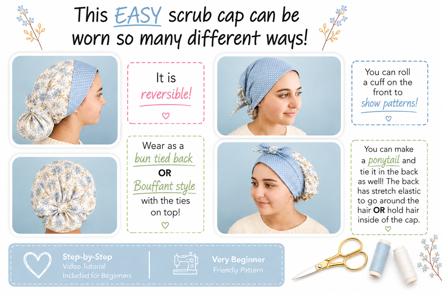 Reversible Bouffant Scrub Cap for Long Hair