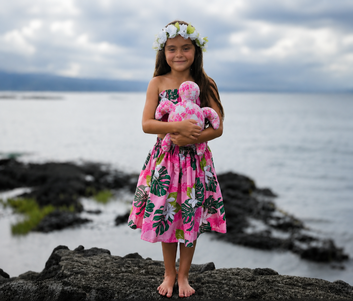 Child holding the large Honu Sea Turtle Memory Plush made with the beginner-friendly PDF sewing pattern. Soft handmade stuffed sea turtle keepsake by aloha sewing company printable pattern.