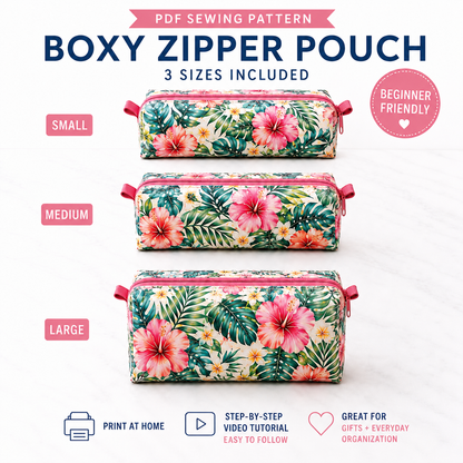 Collection of boxy zipper pouch sewing pattern samples in assorted floral, travel, masculine, and kids fabric prints, available in three sizes for makeup, school supplies, travel, and everyday organization.
