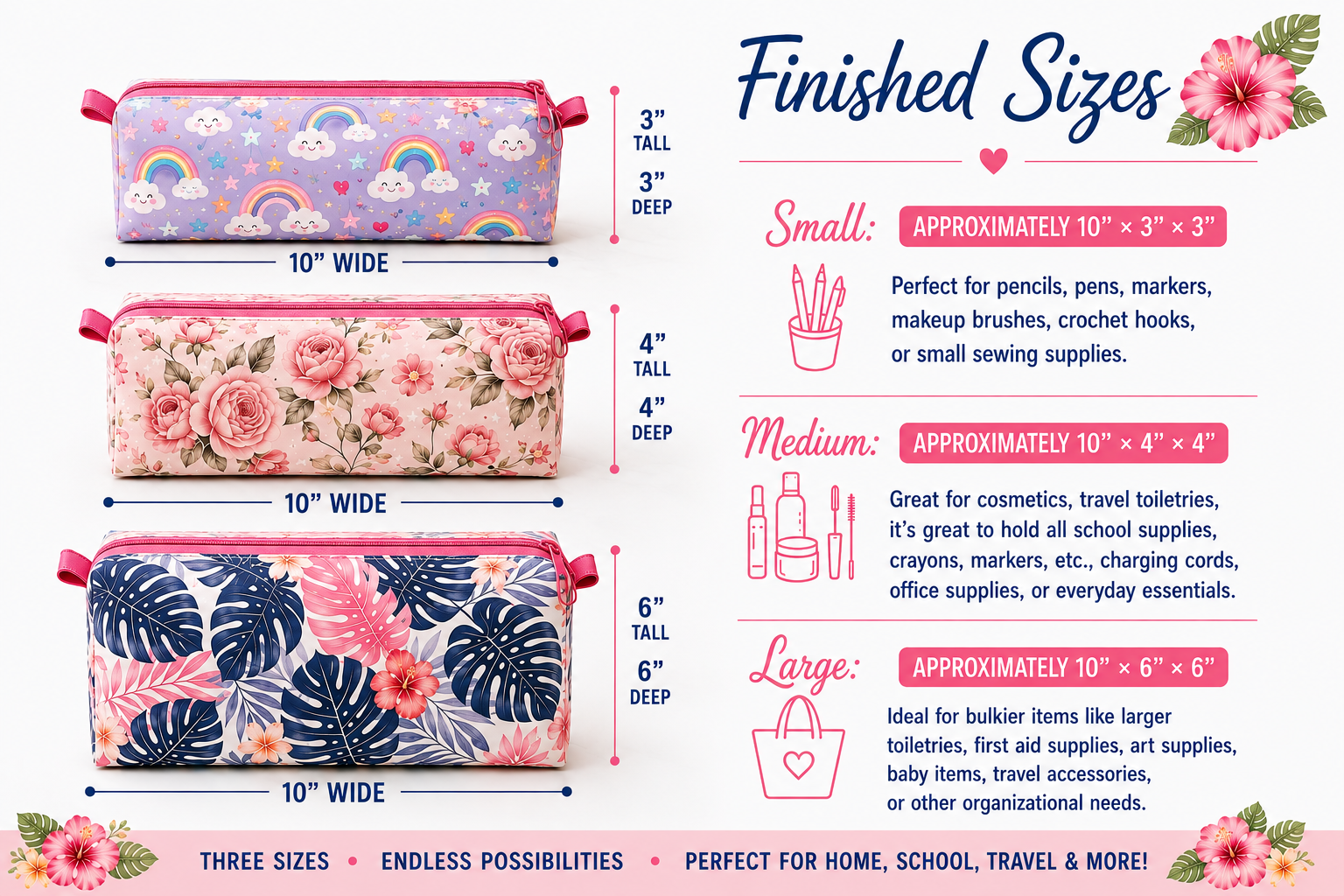 Fabric boxy zipper pouches in multiple quilting cotton prints including floral, geometric, travel, and children’s designs, showcasing the versatility of this printable PDF sewing pattern.
