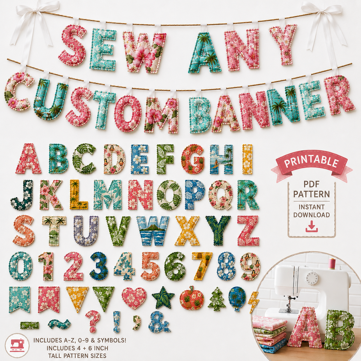 Fabric Letter Bunting Banner PDF Sewing Pattern | Alphabet, Numbers & Shapes | 4 & 6 Inch Sizes