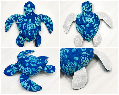 Finished Sea Turtle Memory Plush sewing pattern in small and large Honu sizes. Handmade stuffed sea turtle keepsake made with printable PDF sewing pattern for beginners. Aloha sewing company.