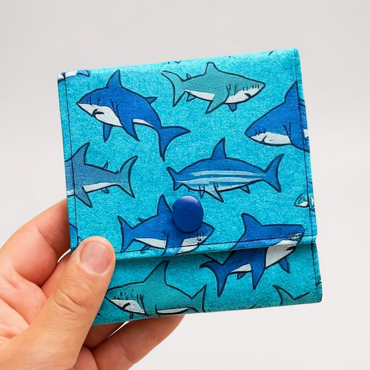Blue shark credit card and drivers license wallet sewing pattern