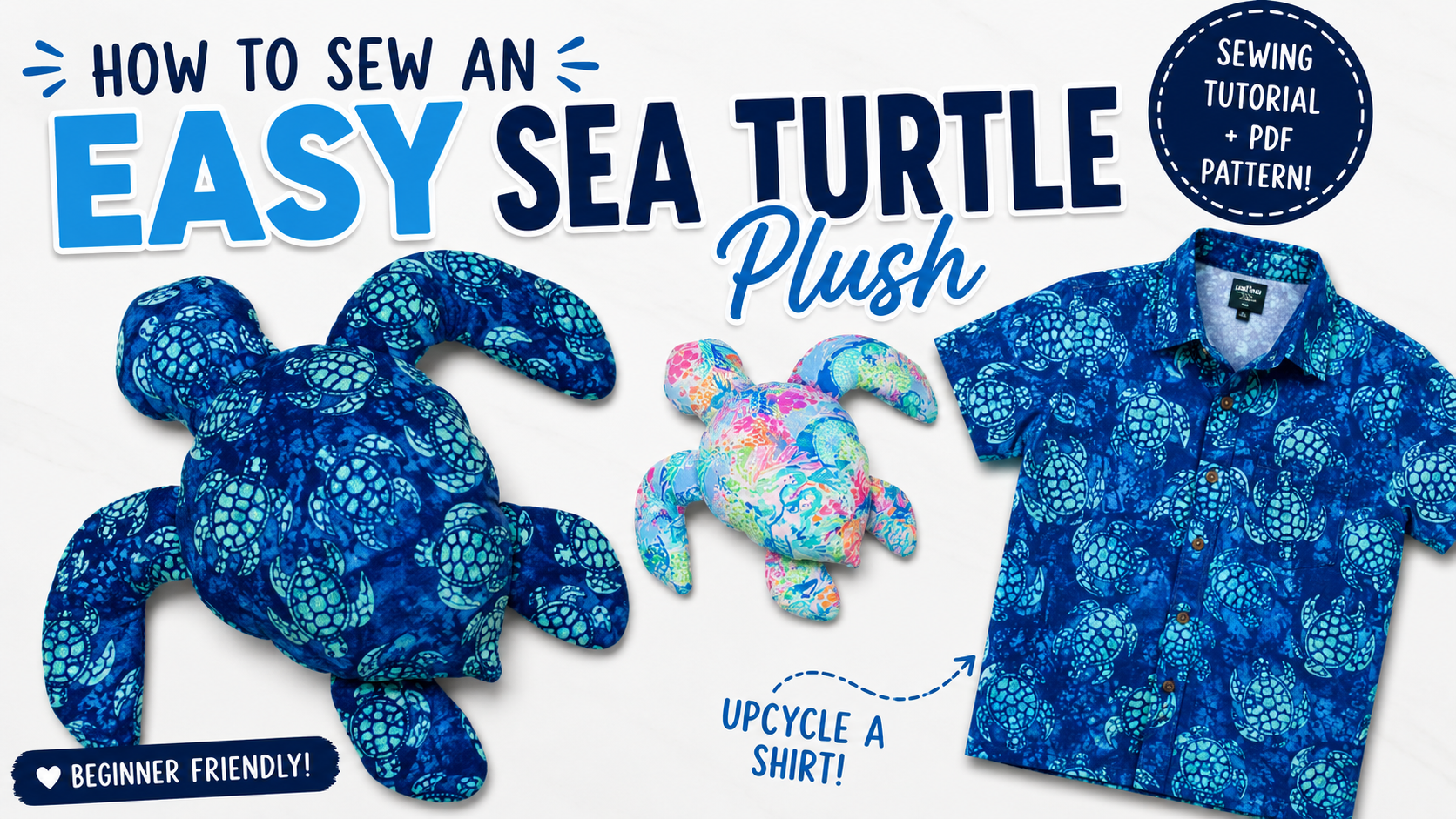 product video showcasing the Sea Turtle Memory Plush PDF sewing pattern, two Honu sizes, printable care cards, and beginner-friendly sewing project by Aloha Sewing Company.