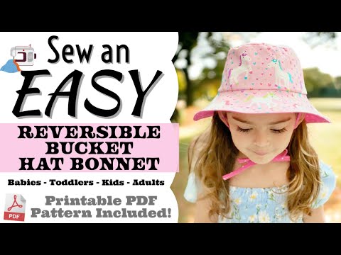 Easy bucket sun hat sewing pattern, diy babies bucket hat with straps, chin ties, toddler bucket hat, how to sew a bucket hat for girls or boys by aloha sewing company. Easy DIY sewing tutorial video and printable pattern.