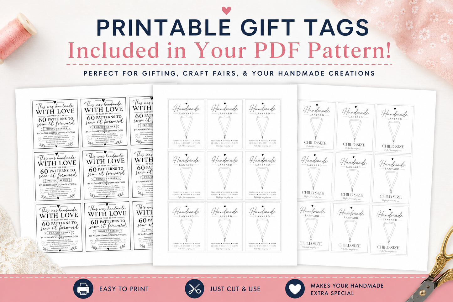 Printable gift tags included with the fabric lanyard sewing pattern for handmade gifts, craft fairs, boutiques, small businesses, and thoughtful handmade packaging.