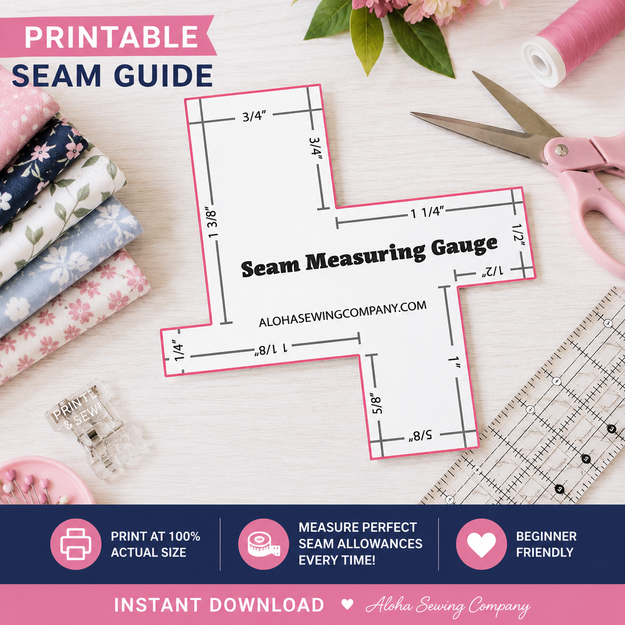 Printable Seam Measuring Guide PDF with common seam allowances for accurate sewing, quilting, bag making, and garment sewing.