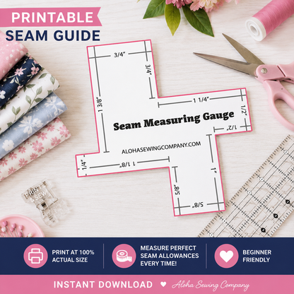 Printable Seam Measuring Guide PDF with common seam allowances for accurate sewing, quilting, bag making, and garment sewing.