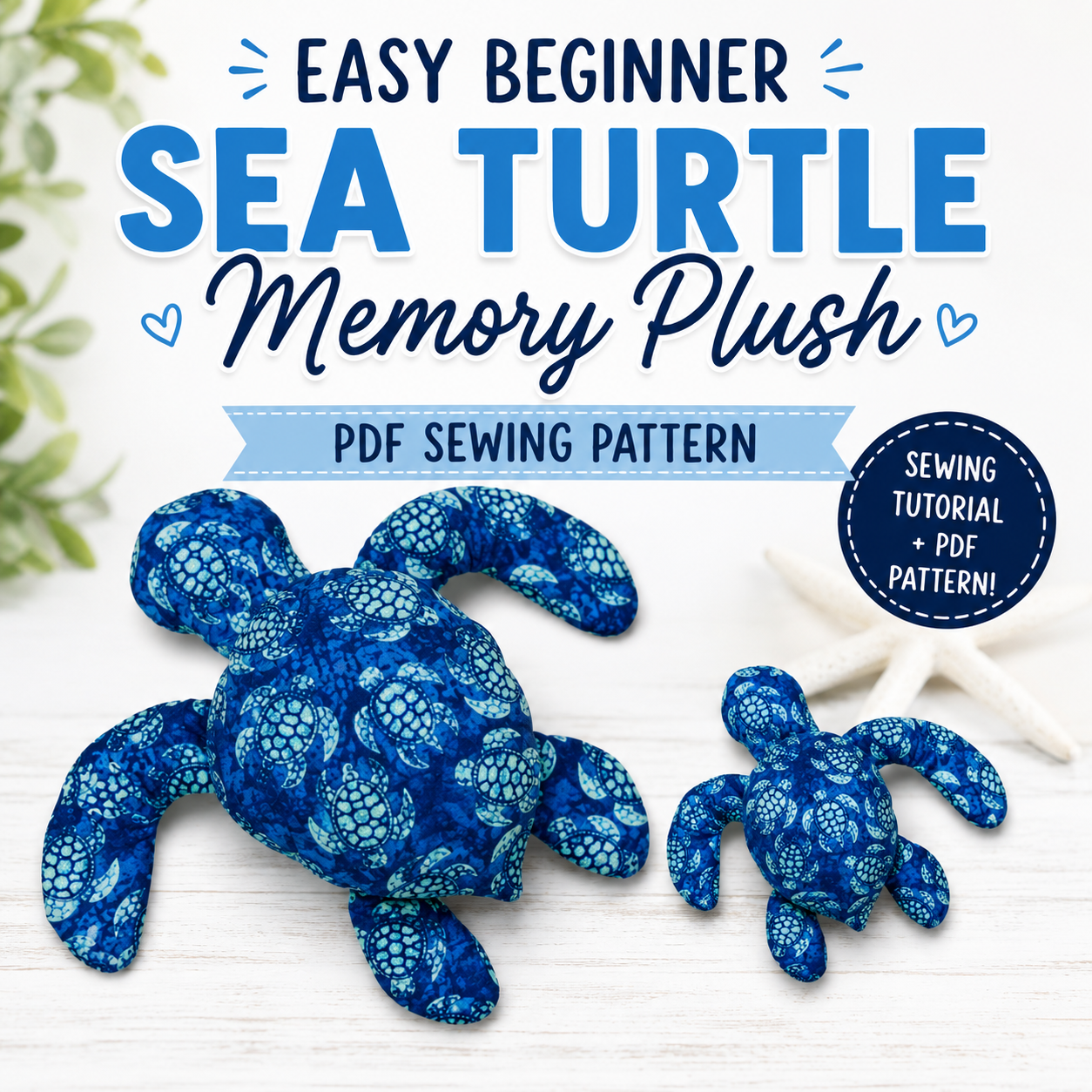 Easy beginner Sea Turtle Memory Plush PDF sewing pattern with two Honu sizes. Printable stuffed sea turtle sewing pattern featuring step-by-step instructions, printable pattern pieces, and a full video tutorial.