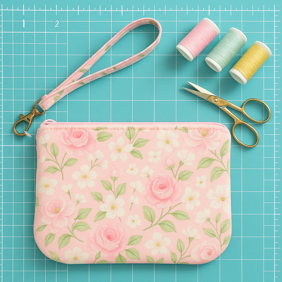 Finished wristlet pouch sewn from printable PDF sewing pattern, shown on turquoise cutting mat with gold scissors and pastel thread for beginner-friendly project styling. Aloha sewing company