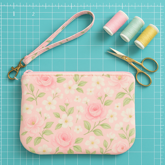 Finished wristlet pouch sewn from printable PDF sewing pattern, shown on turquoise cutting mat with gold scissors and pastel thread for beginner-friendly project styling. Aloha sewing company