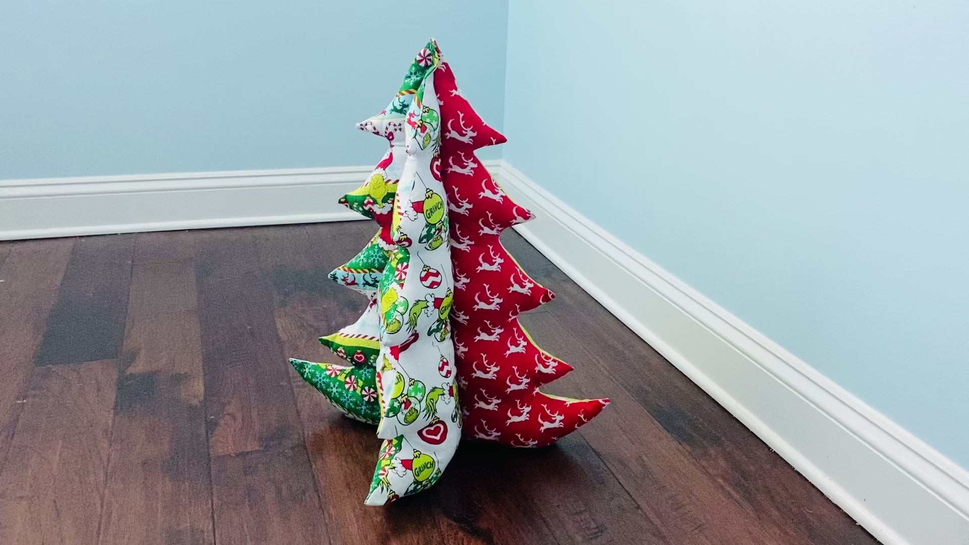 Video of how to sew a fabric plush christmas tree pillow or table decor. Easy PDF Sewing Pattern.