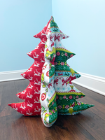 how to sew a Plush fabric christmas tree sewing pattern and video tutorial. Printable pdf sewing pattern for christmas sewing projects. Stuffed Christmas Tree Pillow or Table Decor and decoration. easy beginners christmas gifts to sew. 
