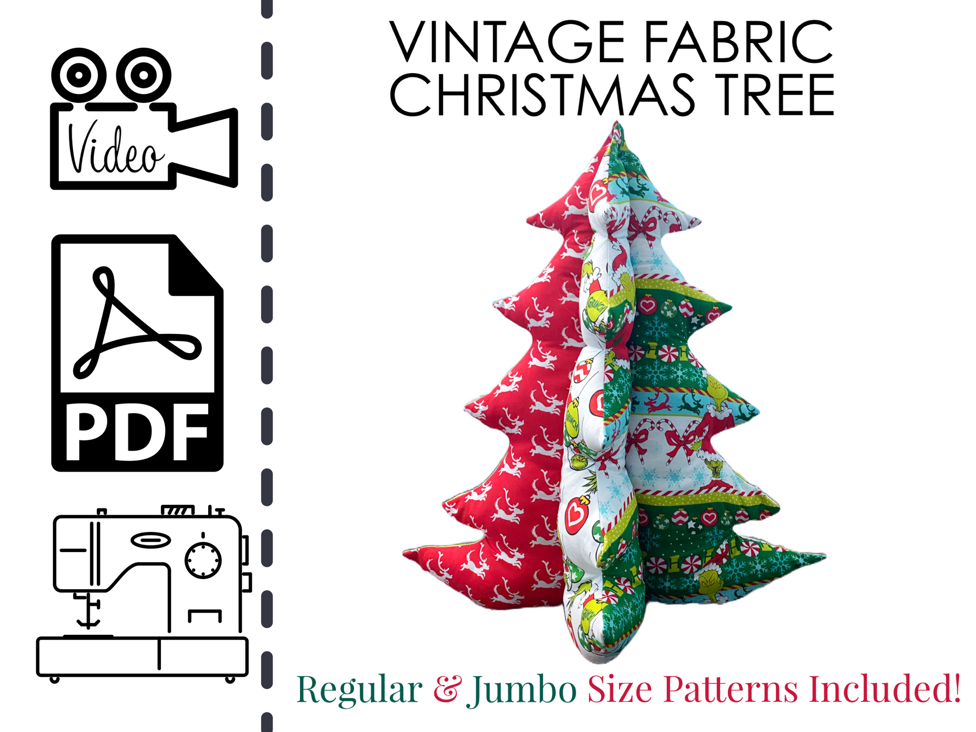 Plush fabric christmas tree sewing pattern and video tutorial. Printable pdf sewing pattern for christmas sewing projects. Stuffed Christmas Tree Pillow or Table Decor and decoration. easy beginners christmas gifts to sew. 