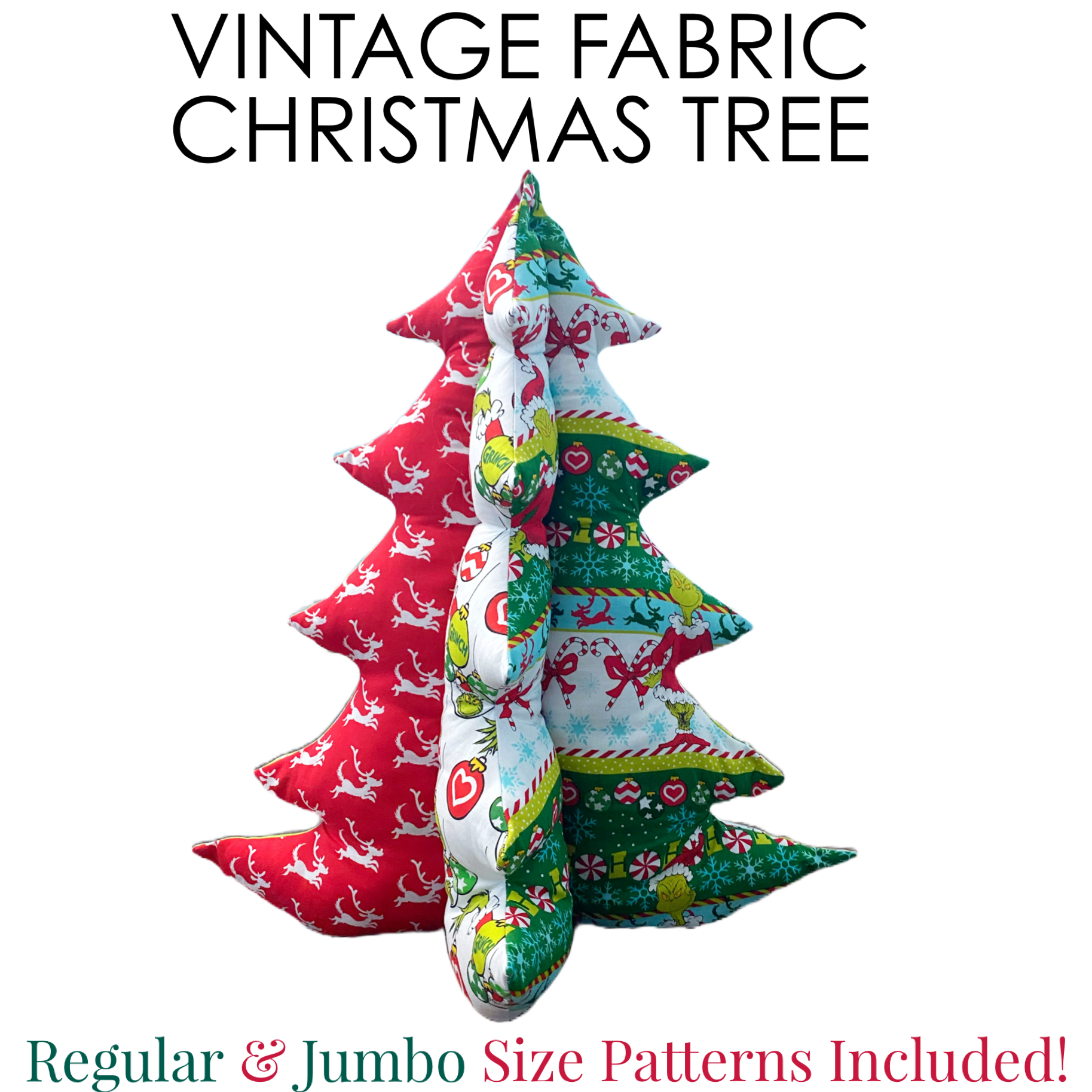 Plush fabric christmas tree sewing pattern and video tutorial. Printable pdf sewing pattern for christmas sewing projects. Stuffed Christmas Tree Pillow or Table Decor and decoration. easy beginners christmas gifts to sew. 