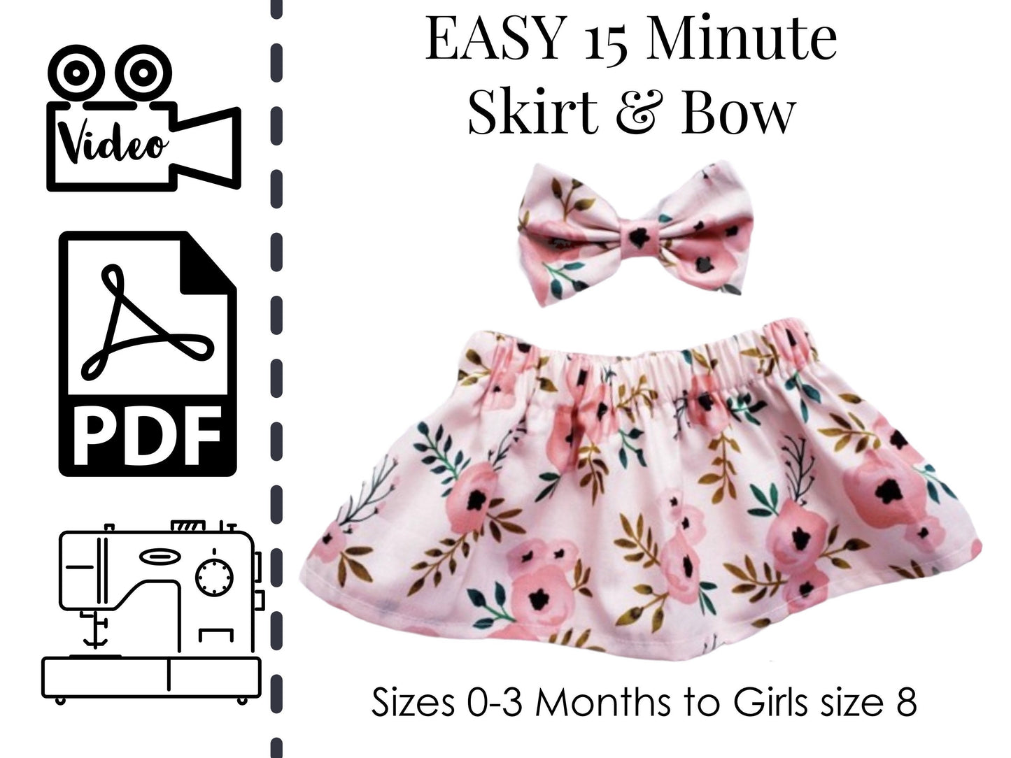 easy baby skirt sewing pattern, pdf sewing pattern, learn how to sew baby clothes, childrens skirt, toddler skirt, girls skirt, fabric hair bow, hair bow sewing pattern, boutique hair bow