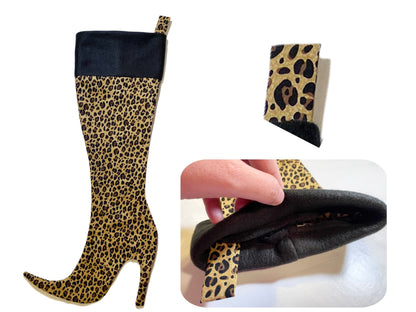 Stiletto Boot High Heel Christmas Stocking PDF Sewing Pattern, Learn to sew how to make a high heel boot christmas stocking, unique christmas stocking, cute christmas stocking, womens christmas stocking, stripper christmas stocking, stiletto, stilleto, stileto