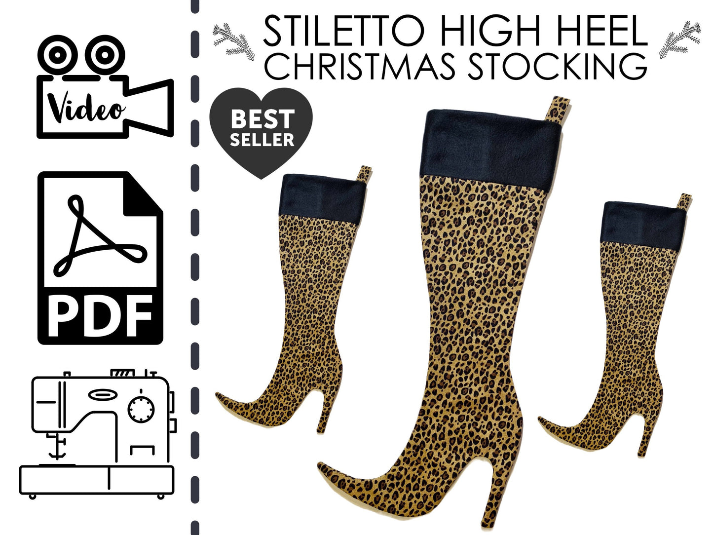 Stiletto Boot High Heel Christmas Stocking PDF Sewing Pattern, Learn to sew how to make a high heel boot christmas stocking, unique christmas stocking, cute christmas stocking, womens christmas stocking, stripper christmas stocking, stiletto, stilleto, stileto