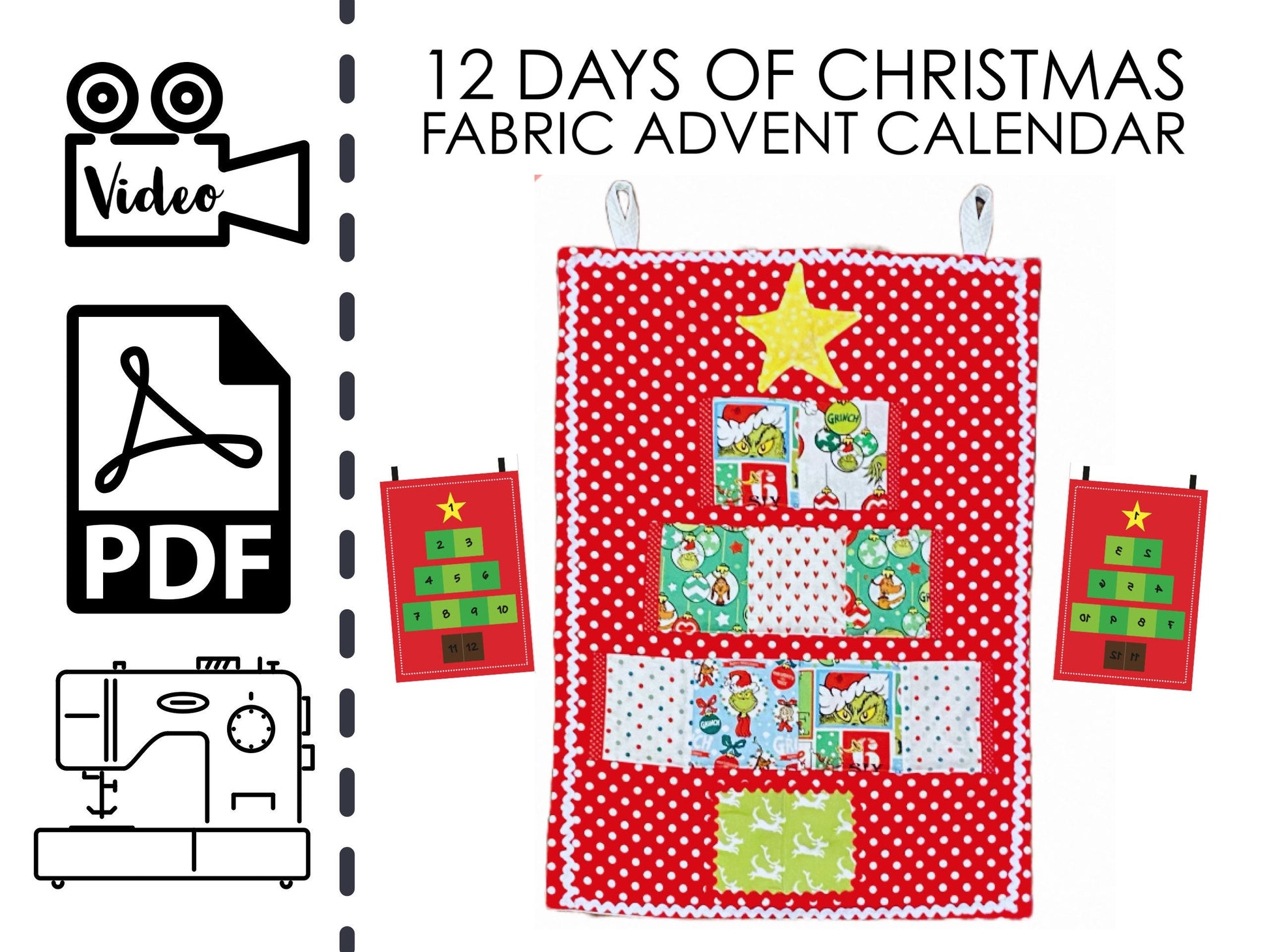 12 Days of Christmas Hanging Fabric Advent Calendar PDF Sewing Pattern, How to Sew a Holiday Calender, Learn how to sew, easy christmas sewing patterns, cheap sewing patterns, printable sewing pattern