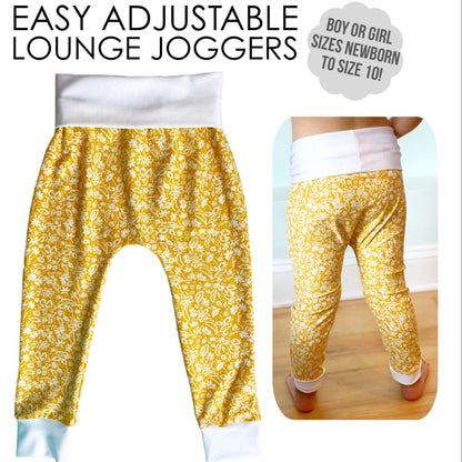 Easy Lounge Joggers Sweatpants PDF Sewing Pattern for Baby, Toddler & Children. Printable PDF Sewing Pattern included. Knit sewing. Serger Sewing. 